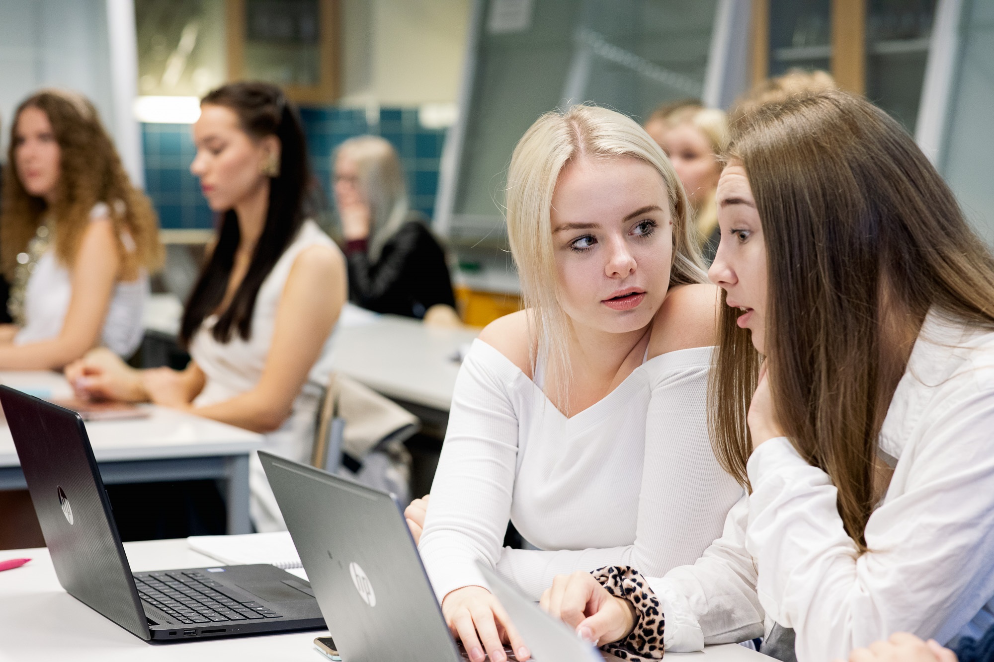 Opiskelijat opiskelevat yhdessä tietokoneen ääressä.